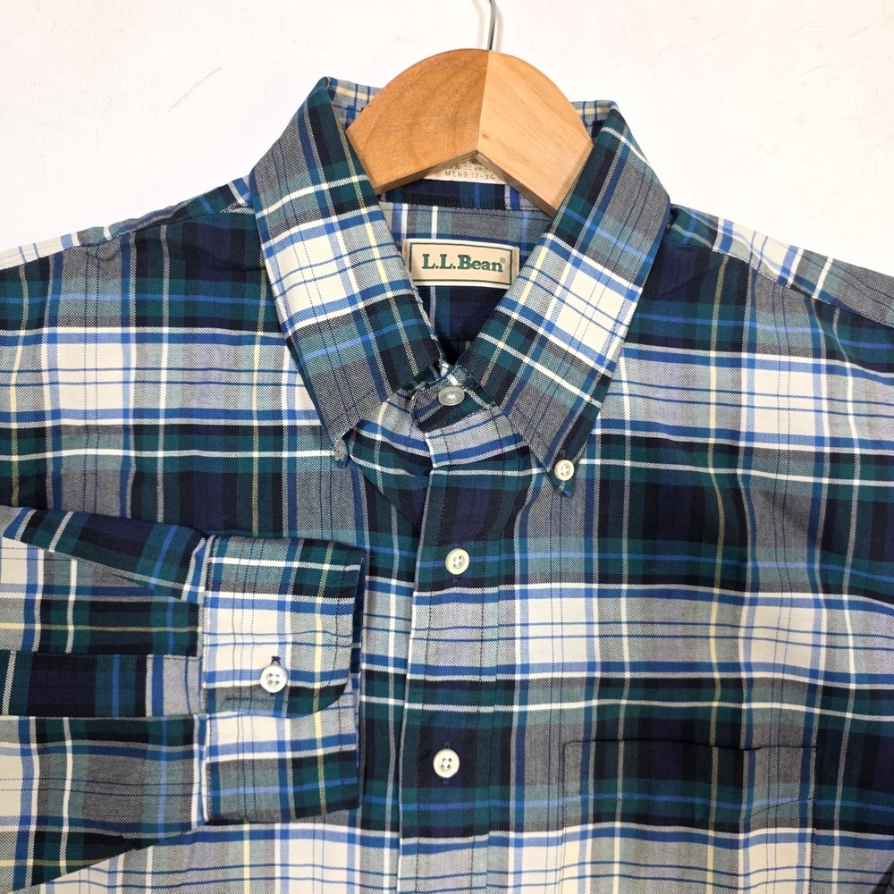 L.L. Bean Button Down Shirt Mens 17-34 Blue Green Plaid Long Sleeve Pocket